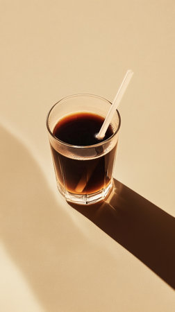 A clear glass holds a dark brown beverage with a stir stick placed inside. Soft light creates gentle shadows across the surface, enhancing the cozy atmosphere..の素材