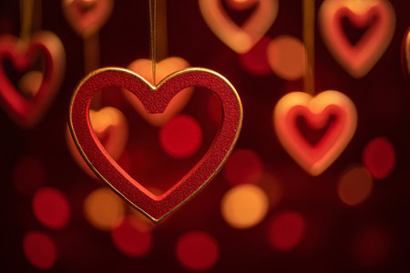 Red hearts dangle against a warm, blurred background, creating a festive vibe. This scene is perfect for Valentines Day or romantic events.の素材