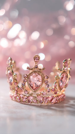 A delicate golden crown sits elegantly, decorated with pink gemstones. The soft bokeh background creates a dreamy atmosphere suitable for special occasions..の素材