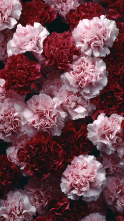 A beautiful display of red and pink flowers fills the frame, creating a rich texture. The flowers are soft and round, making this a perfect backdrop for various events..の素材