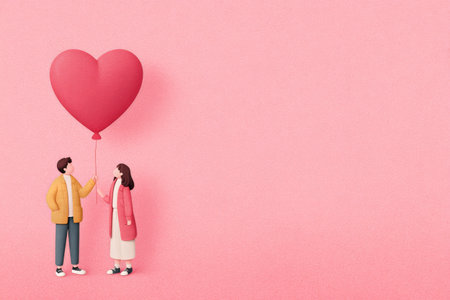 A young couple stands together in matching pink outfits, holding a large heart-shaped balloon. The background is soft pink, creating a cheerful and romantic atmosphere..の素材