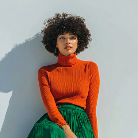 A young woman with curly hair sits casually against a smooth light wall, wearing a bright orange sweater and a flowing green skirt. Her look is trendy and chic.の素材