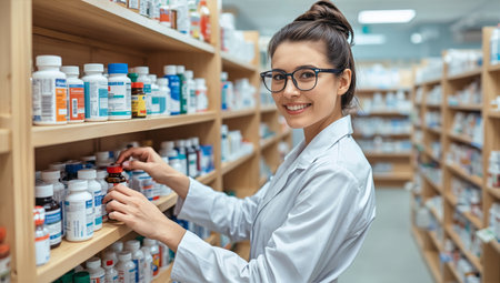 A young woman wearing glasses and a lab coat smiles while arranging bottles in a pharmacy. Shelves are filled with various medicines and health products.の素材