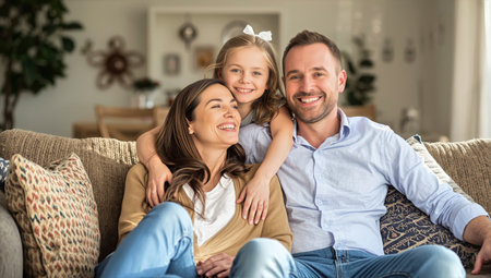 A cheerful family sits on a comfortable sofa in a warm and inviting living room. Parents smile brightly while their daughters hugs them joyfully.の素材