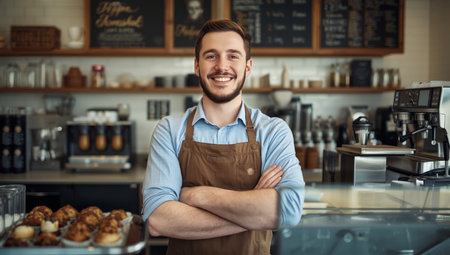 A young man wearing a striped apron stands in a warm coffee shop. He smiles while crossing his arms, surrounded by coffee-making equipment and snacks, creating a welcoming atmosphere.の素材