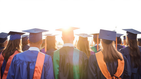 Students stand together wearing caps and gowns, celebrating their graduation as the sun sets in the background, creating a joyful and hopeful atmosphere.の素材