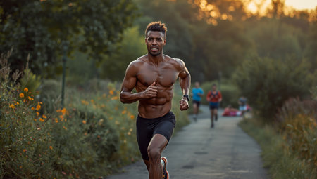 A fit man runs energetically on a park path lined with flowers as the sun sets, with two other runners visible in the background enjoying their exercise.の素材