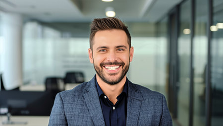 A confident man stands in a contemporary office, dressed in a blazer and smiling broadly. Natural light fills the space, reflecting a professional atmosphere during the workday.の素材