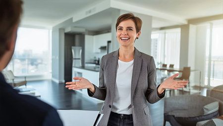 A businesswoman stands smiling with open hands, engaging in conversation in a sleek office space filled with natural light. Her confidence highlights a professional setting.の素材