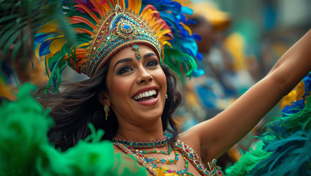 A performer smiles brightly while wearing an elaborate headdress and costume at a lively carnival.の素材