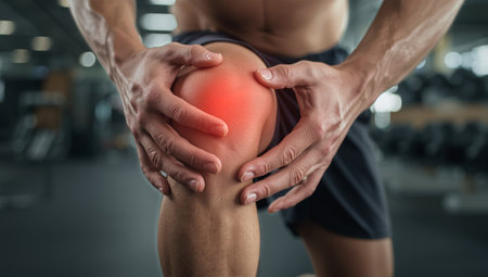A person holds their knee in discomfort while training in a gym. The individual appears to be experiencing pain, indicating the need for proper care and recovery practices.の素材