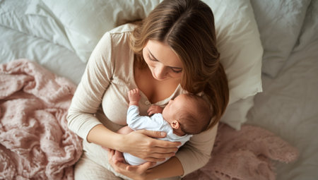 A mother lovingly embraces her newborn baby while sitting on a bed. The soft morning light creates a warm and peaceful atmosphere, highlighting their bond.の素材