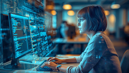 A woman with short hair focuses on coding at her desk in a busy office. Multiple screens display lines of code as colleagues work around her, creating a productive environment.の素材