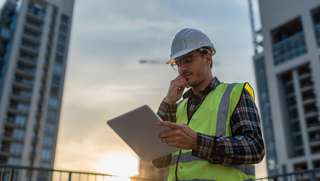 A construction worker in a safety vest and hard hat checks information on a tablet. He stands in a developing urban area with cranes and buildings in the background during sunset.の素材