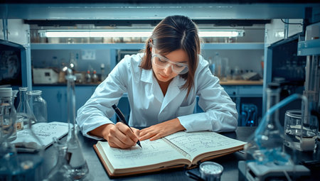 A woman wearing safety goggles writes in a notebook while working diligently in a laboratory. Various scientific equipment and glassware surround her on the table.の素材