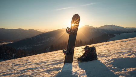 Snowboard and boots are set on fresh snow as the sun sets behind the mountains. The warm glow creates a stunning view of the winter landscape.の素材