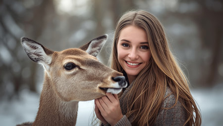 A young woman with long hair smiles while gently touching the face of a deer in a snowy forest scene. Winter surrounds them, creating a serene and peaceful atmosphere.の素材