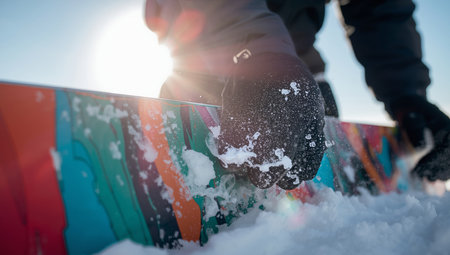 A snowboarder is getting ready on a snowy slope with a colorful board under bright sunlight. Snow is flying around as they grip the board, ready for an exciting ride.の素材