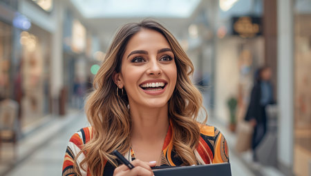 A woman with long hair smiles brightly while shopping in a vibrant mall. She holds a shopping bag, surrounded by colorful store displays and other shoppers, creating a lively atmosphere.の素材