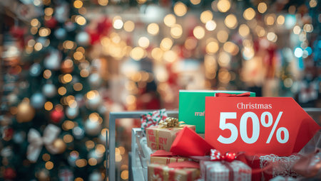A colorful sign shows a 50 percent discount on gifts in a store filled with holiday decorations. A Christmas tree with lights adds to the cheerful atmosphere of shopping.の素材