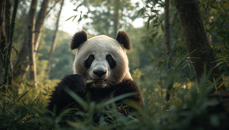 A panda is seen happily munching on bamboo leaves in a lush green forest. The sunlight filters through the trees, creating a calm and peaceful atmosphere..の素材