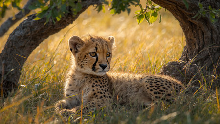 A cheetah cub lies in the grass under a tree, enjoying the warm sunlight. Its playful demeanor and unique spots highlight the beauty of wildlife in its natural habitat..の素材