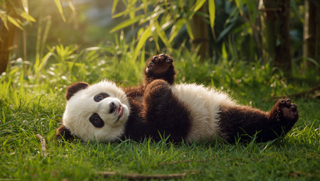 A playful panda rolls on its back in a lush green meadow filled with bamboo. The sun shines warmly, creating a peaceful and serene atmosphere perfect for relaxation.の素材