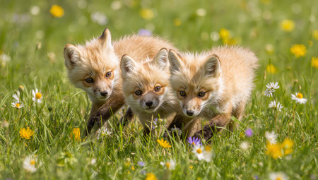 Three lively fox cubs roam through a lush meadow filled with colorful wildflowers during a sunny spring afternoon, showing their playful nature.の素材