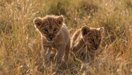 Two young lion cubs wander through the dry grass of the African savanna, their soft fur glowing in the warm light of early evening. They appear curious and lively as they play.の素材