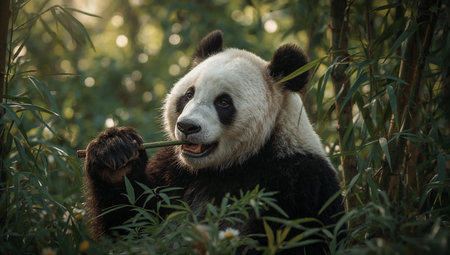 A giant panda is peacefully enjoying bamboo while sitting among tall green plants. The soft sunlight filters through the leaves, creating a serene atmosphere.の素材