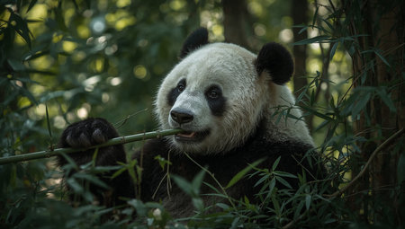 A giant panda is peacefully enjoying bamboo while sitting among tall green plants. The soft sunlight filters through the leaves, creating a serene atmosphere..の素材