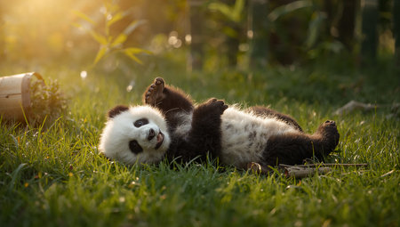 A playful panda rolls on its back in a lush green meadow filled with bamboo. The sun shines warmly, creating a peaceful and serene atmosphere perfect for relaxation..の素材