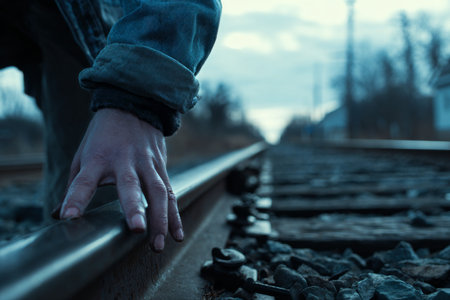 A person walks along abandoned railway tracks, gently touching the rail with their fingers. The scene captures the tranquility of nature and urban decay during the late afternoon. AI Generativeの素材