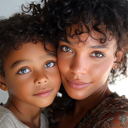 A young mother and her son smile together in a cozy indoor space. Their close bond is evident as they share a loving moment, dressed warmly for comfort. AI Generativeの素材