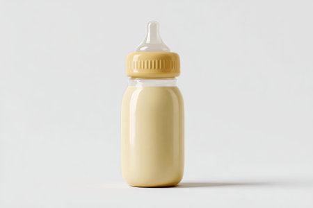 A simple baby bottle containing creamy formula is placed against a light background, showing its design and color. The bottle is ready for feeding time.の素材