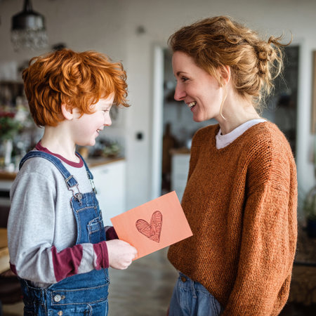 Young boy with curly red hair smiles while handing a handmade card with a heart to his mother. They share a joyful moment in a warm home setting, surrounded by soft lighting.の素材