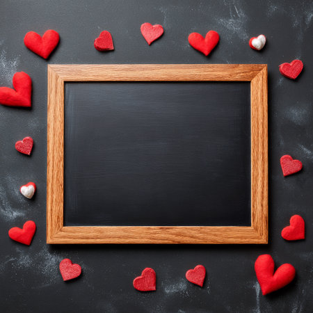 Red heart decorations are arranged around a blank chalkboard against a dark surface, inviting personal messages or notes. Perfect for events or celebrations. AI Generativeの素材