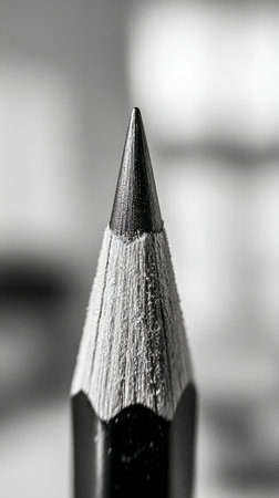 A sharp pencil tip stands prominently in focus, showing its wood texture and point. The blurred background enhances the detail and simplicity of the subject.の素材
