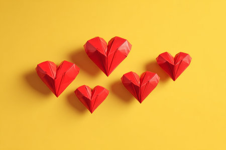 Bright red origami hearts are arranged in a charming display on a sunny yellow surface, creating a playful and romantic atmosphere perfect for celebrations and decorations. AI Generativeの素材