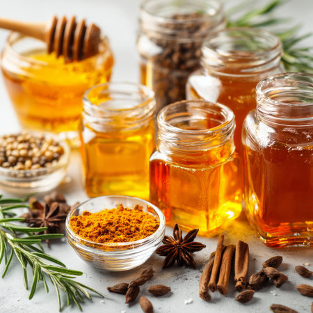 In a cozy kitchen, jars of honey are displayed alongside various spices like turmeric and cinnamon sticks. Fresh herbs add color to the scene. Perfect for culinary inspiration.の素材