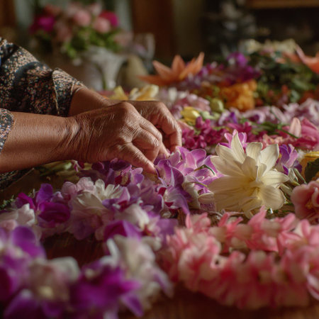 Hands skillfully arrange colorful flowers to create stunning leis. This traditional craft highlights the beauty of nature and the joy of making gifts for loved ones.の素材