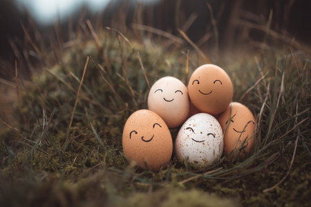 Five eggs with smiling faces sit playfully on a bed of moss in a grassy area during early morning. The scene conveys a cheerful and whimsical atmosphere.の素材