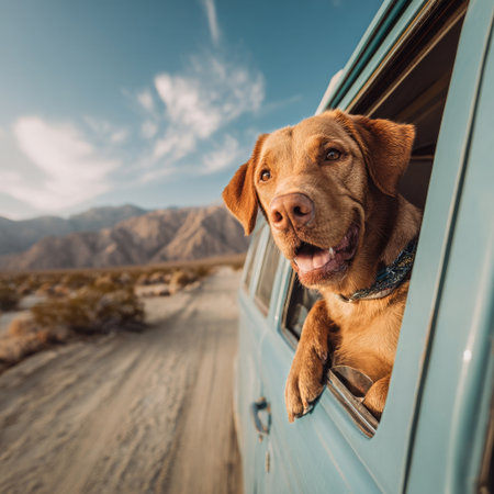 A happy dog sticks its head out of a car window with mountains and clear skies visible in the background. The warm sun sets a joyful mood for the road trip. AI Generativeの素材