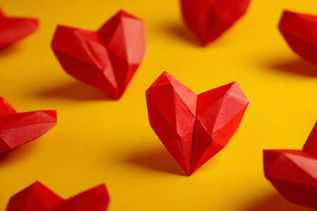 Colorful red paper hearts of various sizes are beautifully scattered on a cheerful yellow background, ideal for festive decoration. AI Generativeの素材
