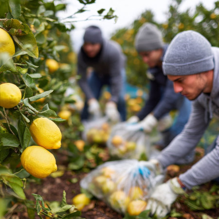 Workers fresh gather lemons in an orchard under clear skies. They sort and pack the fruit into crates, showcasing teamwork in a bustling environment. AI Generativeの素材