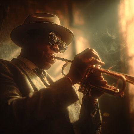 A skilled musician plays a trumpet in a cozy jazz club. The warm light highlights his focused expression, creating an intimate atmosphere. AI Generativeの素材
