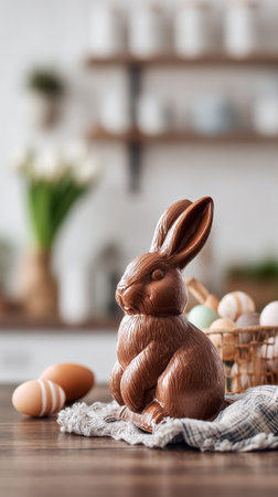 A chocolate rabbit sits proudly on a wooden table, surrounded by beautiful decorative eggs. The sunlight shines through a nearby window, adding warmth to the cozy kitchen atmosphere. AI Generativeの素材