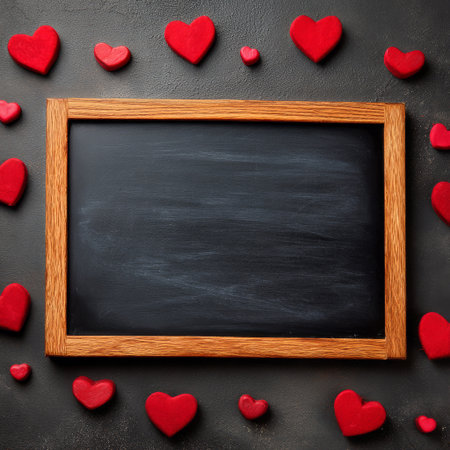 Red heart decorations are arranged around a blank chalkboard against a dark surface, inviting personal messages or notes. Perfect for events or celebrations.の素材