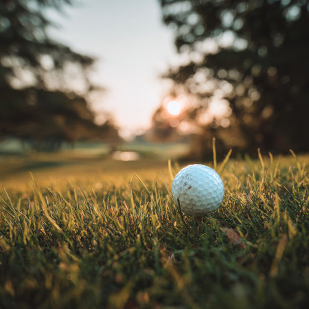 A white golf ball lies on green grass as the sun sets in the background, creating a peaceful atmosphere at the golf course. The scene captures a moment of tranquility.の素材