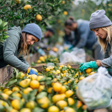 Workers fresh gather lemons in an orchard under clear skies. They sort and pack the fruit into crates, showcasing teamwork in a bustling environment.の素材